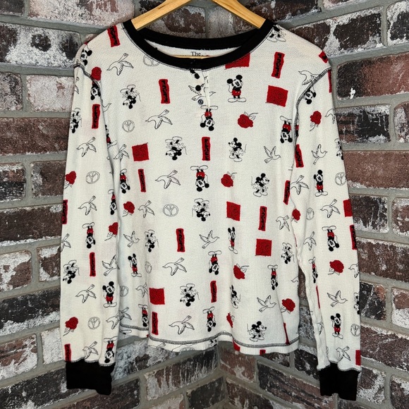 Disney Ribbed Henley Mickey Mouse Peace Dove Rose Long Sleeve Pajama Shirt - Picture 2 of 7